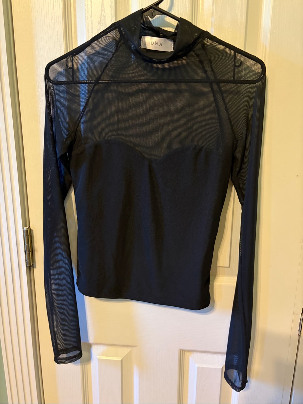 DNA couture Black Sheer Mesh Long-Sleeve Mock Neck Top